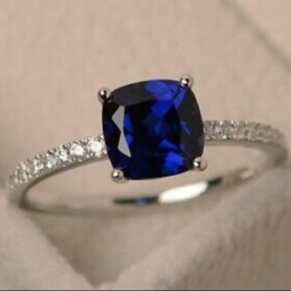Dainty Dark Blue Sapphire Cushion Cut Silver Ring - Picture 6 of 7